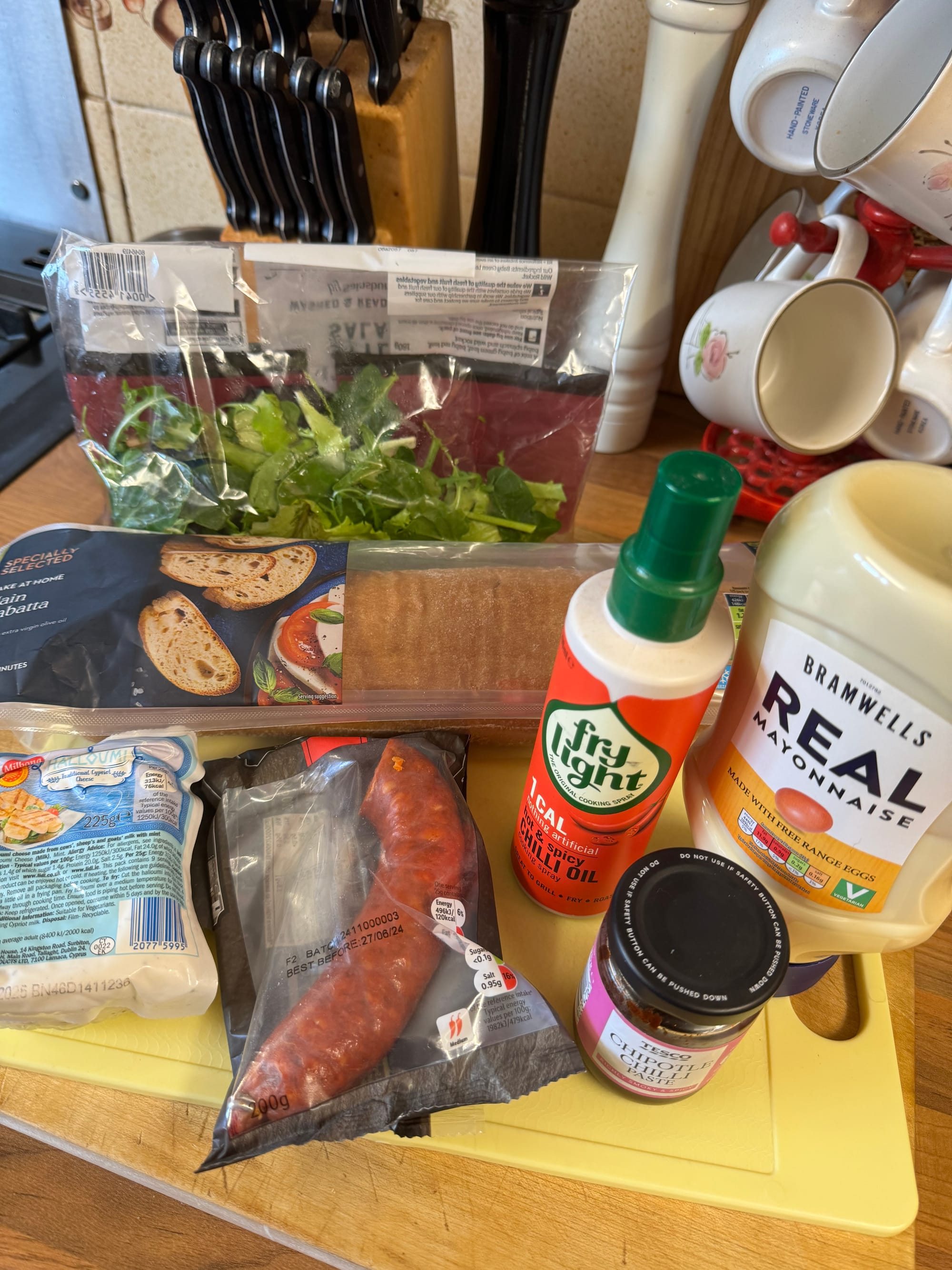Ingredients for Chipotle Chorizo and Halloumi Baguette on the counter.