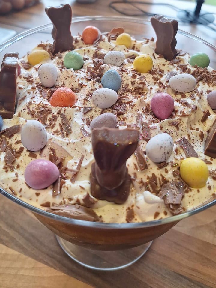 Chocolate Orange Trifle with Easter egg decorations.