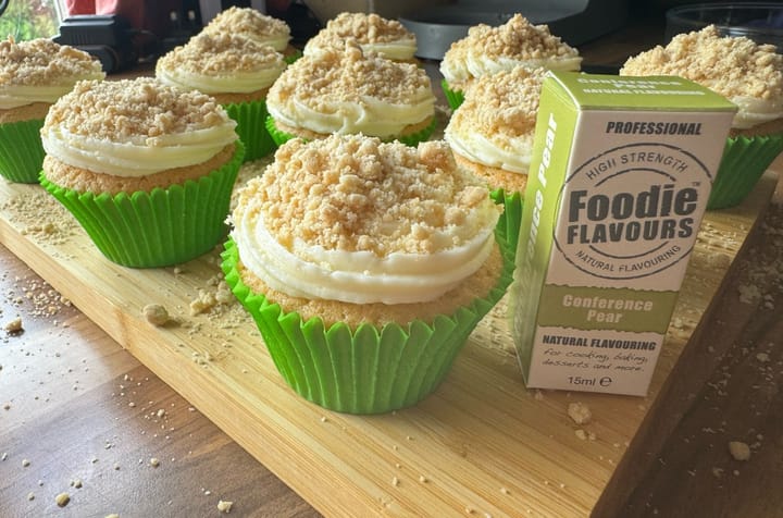 Conference Pear Crumble Cupcakes with assorted frosting and foodie flavours box.